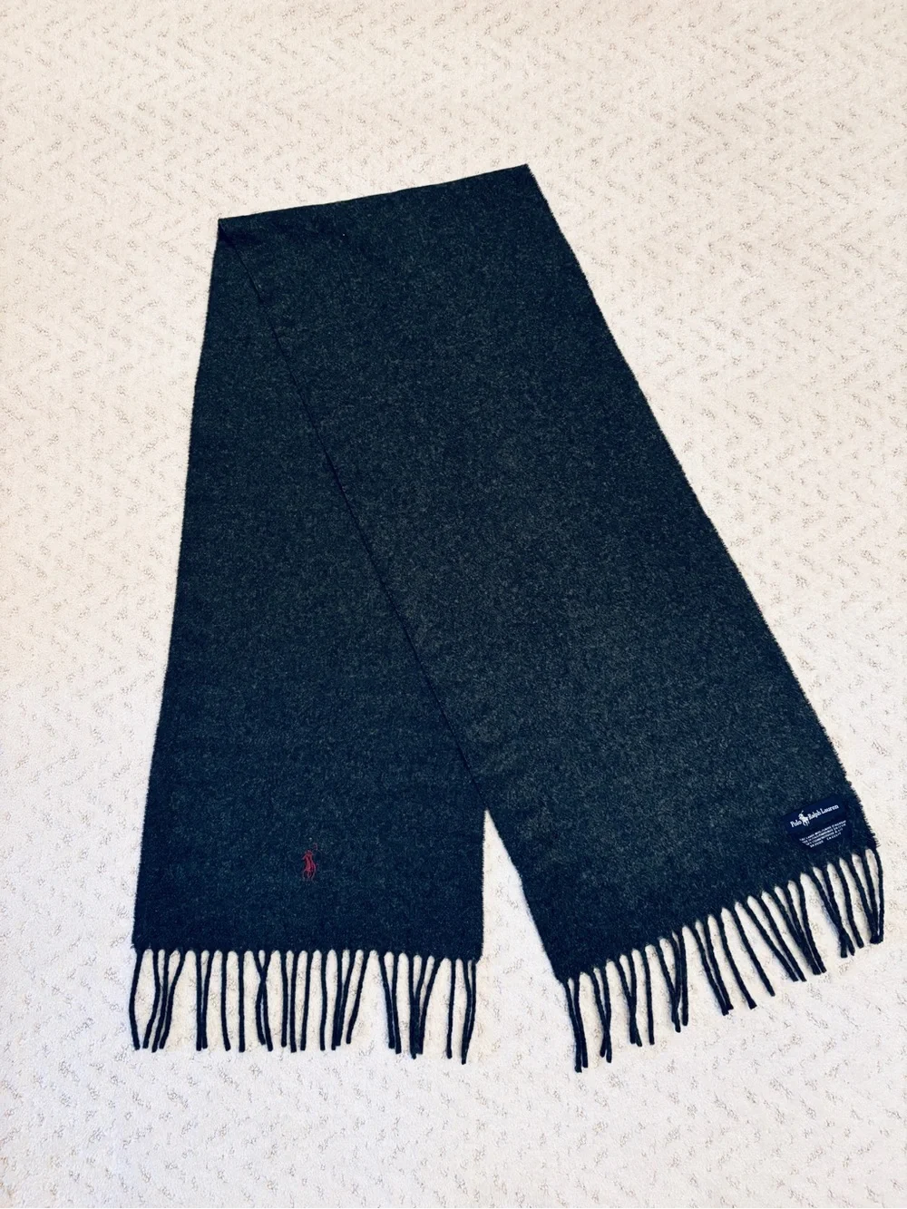 Polo Ralph Lauren Mens Classic Lambswool Scarf Charcoal Grey Wool Fringe Unisex